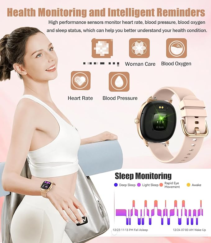Women's 2pc Band Sports Watch/Smart Watch 1.72" Fitness Tracker with Heart Rate Monitor, 100+ Sports Modes, Sleep Tracking, 7-Day Battery, IP68 Waterproof (Champagne Gold)