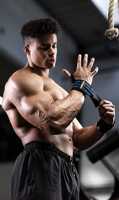 Fitgriff® Wrist Wraps for Weightlifting (18") Heavy-Duty Support for Gym, Bench Press, and Pushups (1 Pair) - for Men and Women (Black/Blue)