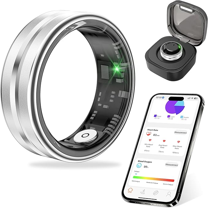 Thin Smart Ring for Fitness & Health Tracking -Pedometer,Sleep/Heart Rate/Blood Oxygen Monitor, Gesture Control / 5ATM Waterproof -No APP Subscription Compatible with Smart Phone (Silver, 8)