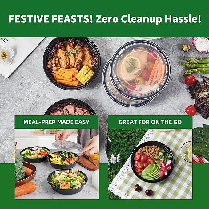 Round Meal Prep Containers with Lids, 50 Pack 38oz (100-Piece) Disposable Leakproof Take Out Food Storage Containers, Plastic To Go Lunch Boxes, BPA Free, Microwave/Dishwasher/Freezer Safe