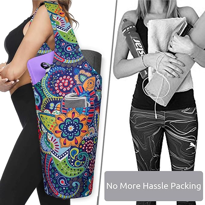 Fashion Printed Yoga Mat Bag with Large Side Pocket & Zipper Pocket Long Tote Yoga Bag Fit Most Size Mats - Holds More Yoga Accessories