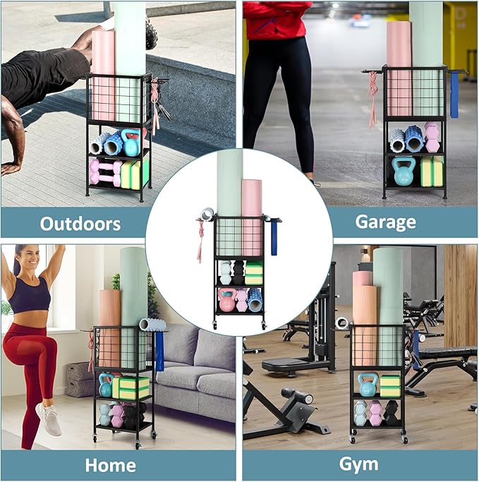 Weight Rack for Home Gym Dumbbells Yoga Mat Storage Rack Cart Small Metal Wood Home Gym Workout Equipment Storage with Hooks for Yoga Block Foam Rollers Resistance Bands
