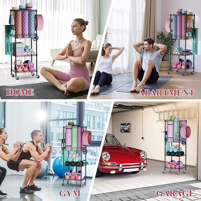 VOPEAK Home Gym Storage Rack with Wheels, Yoga Mat Storage Organizer for Kettlebells, Dumbbells, Resistance Bands, Space Saving Weight Rack for Home Gym, Garage, Easy to Install