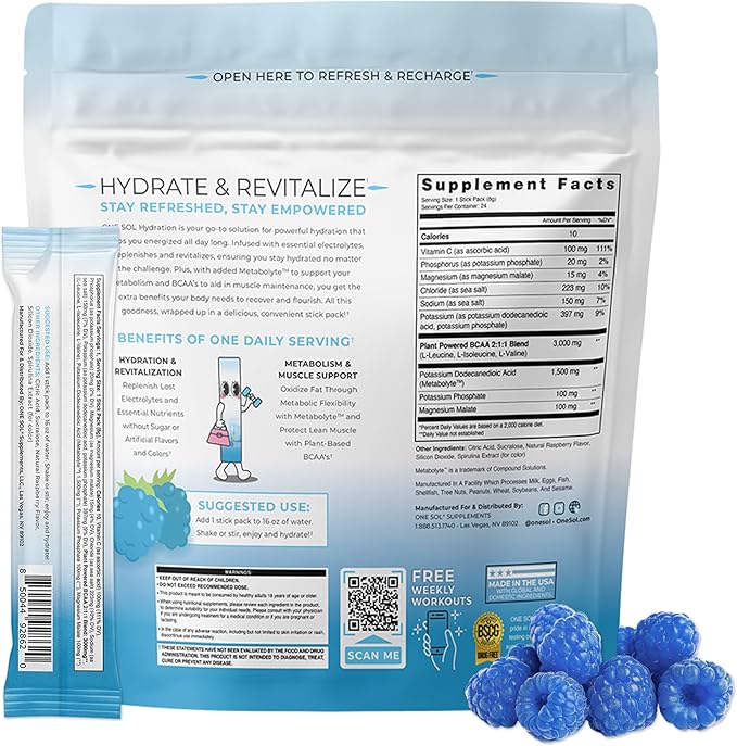 One Sol BCAA & Electrolyte Powder for Hydration & Energy, All-Natural Formula, 100% Vegan, Non-GMO, Gluten Free & Soy-Free, Promotes Muscle Growth & Recovery, Natural Blue Raspberry Flavor