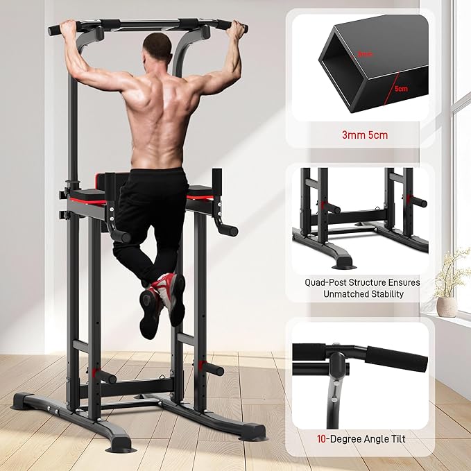 Outdoor Basic Power Tower, Pull Up Bar and Dip Station for Home Gym, 1600LBS Weight Capacity, Adjustable Height, Heavy Duty Steel Frame for Calisthenics, Strength Training Fitness Equipment