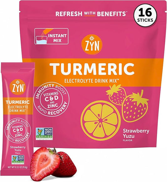 ZYN Electrolyte Drink Mix Hydration Packets, Strawberry Yuzu Electrolytes Powder, Hydration Packets w/Turmeric Curcumin, Vitamin C & D, Zinc, Hydrate & Recover Electrolyte Powder, Pack of 16