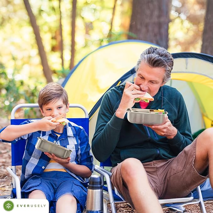 Everusely - Bento Box - Sage, 60oz / 1.8 L - Stainless Steel Lunch Box with Leakproof Condiment Container - 3 Compartment Snack Organizer for On the Go Meals - Freezer & Dishwasher Safe
