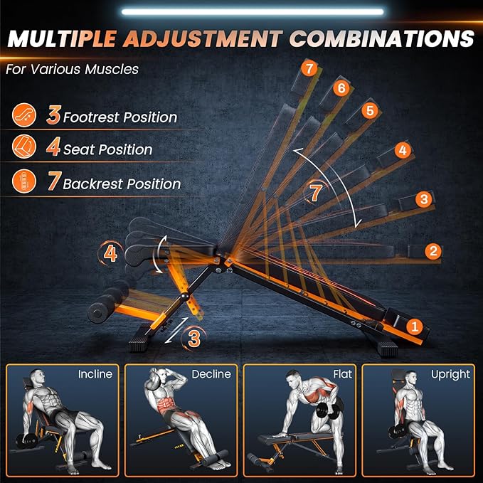 700LBS Adjustable Weight Bench with Headrest - Skypelia Foldable Workout Bench Press with Thickened Steel for Home Gym,Incline Strength Training Exercise Bench for Full Body with 3 Sec Fast Folding