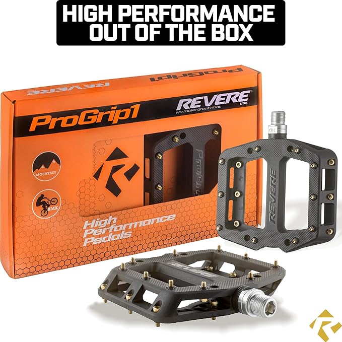 Revere Pro Grip MTB Mountain/Gravel Bike Pedals, Ultra Smooth Bearings, Non-Slip Indestructible Lightweight Nylon Composite Bicycle Platform Pedals 9/16" Spindle, Replaceable Oil Slick or Gold Pins
