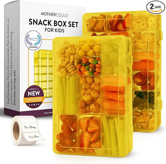 Large Kids Snack Box Containers Set of 2 -100 Labels, BPA-Free, Adjustable Compartments, Dishwasher Safe, Reusable Tray, Food Grade, Meal Prep Container, PARENT TESTED PARENT APPROVED AWARD (Yellow)