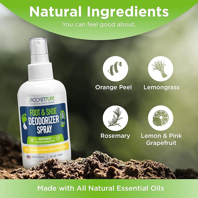 Rocket Pure Natural Foot & Shoe Deodorizer Spray - Foot Spray for Smelly Feet & Shoe Spray for Smelly Shoes - Removes, Controls & Prevents Odors - Made with Essential Oils - Made in USA (Lemon, 4oz)