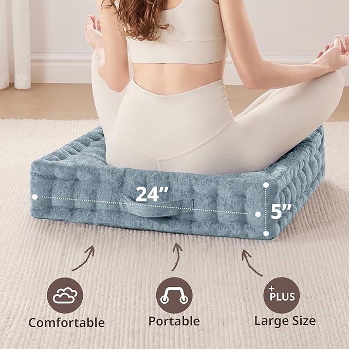 Intelligent Design Large Floor Pillow for Adults Yoga or Meditation Cushion with Handle, Floor Cushion for Board Games, Lustrous Chenille Tufted, Handsewn Scalloped Edge, Azza, 24" x 24" x 5" Aqua