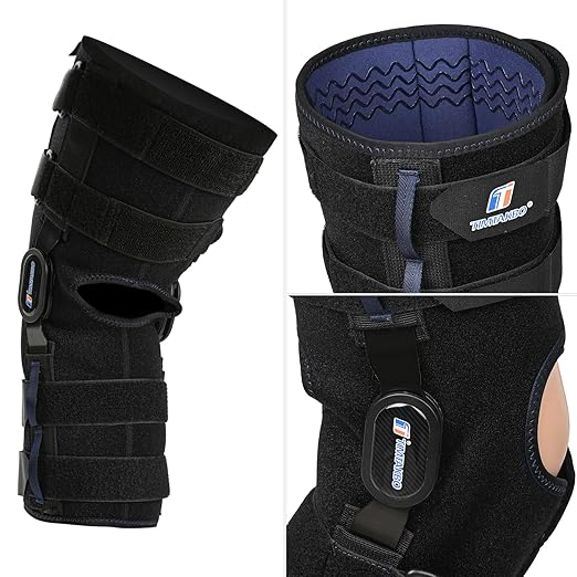 T TIMTAKBO 16inch Tall Hinged Knee Brace for Men/Women with Full Support,4 Compression Straps,2 Metal Side Stabilizers,Breathe Air Spacer Drytex Wrap for Knee Pain Relief,ACL,Arthritis,Meniscus