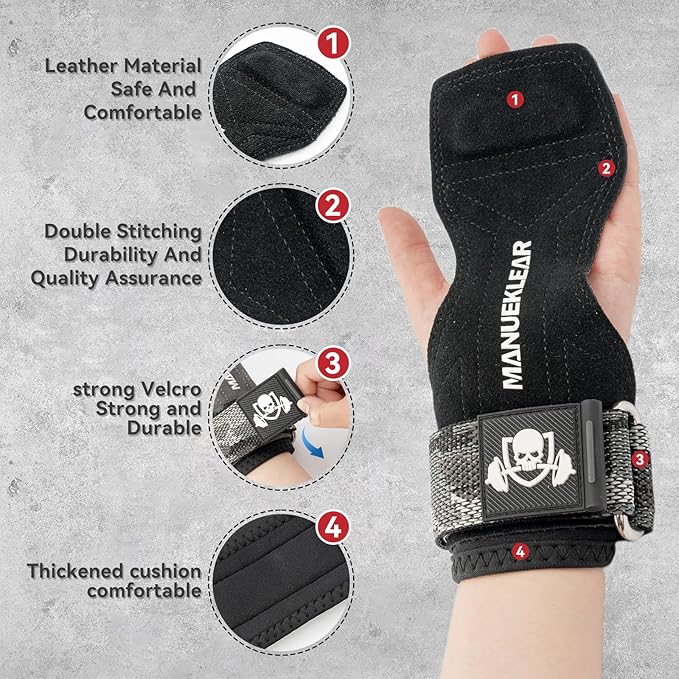 MANUEKLEAR Gym Straps Weight Lifting, Double Leather Lifting Straps for Men Deadlift with Cushion Wrist Loop, Gym Lifting Wrist Wraps for Weightlifting