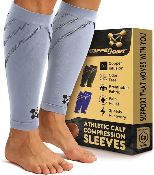 CopperJoint Running Calf Compression Sleeve Women – Easy-On Footless Calf Compression Sleeves for Men, Support Mens Leg Sleeves for Runners, Basketball, Sports, Copper Infused Nylon - Grey, X-Large