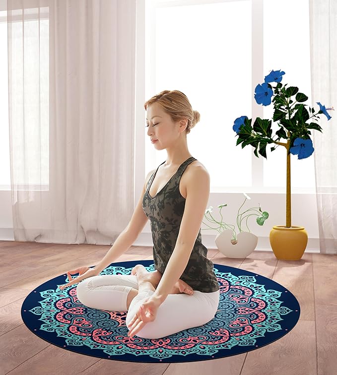 nuveti Large Meditation Mat Round Yoga Mat Pilates Yoga Mat 3.5mm Thick Natural Tree Rubber Base Non Slip, Extra Thick Grip. Thicker, Longer, and Wider for More Comfort and Support(55''x55'')