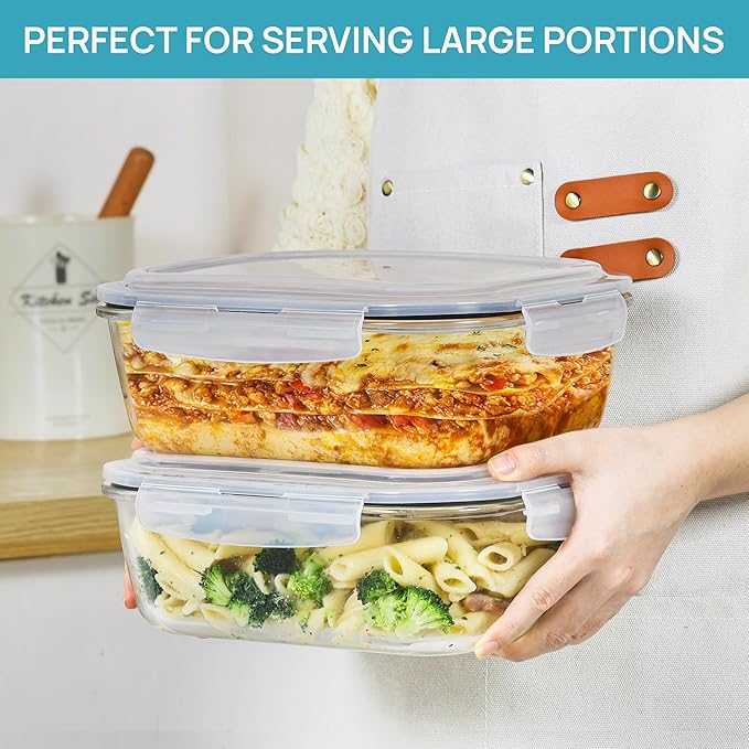 Vtopmart 2Pack 2260ml/ 76.4oz Large Glass Storage Containers with Lids, Meal Prep Food Container Set with Snap Airtight Lid for Baking, Microwave, Oven, Leak Proof, for Freezer, Dishwasher, Grey