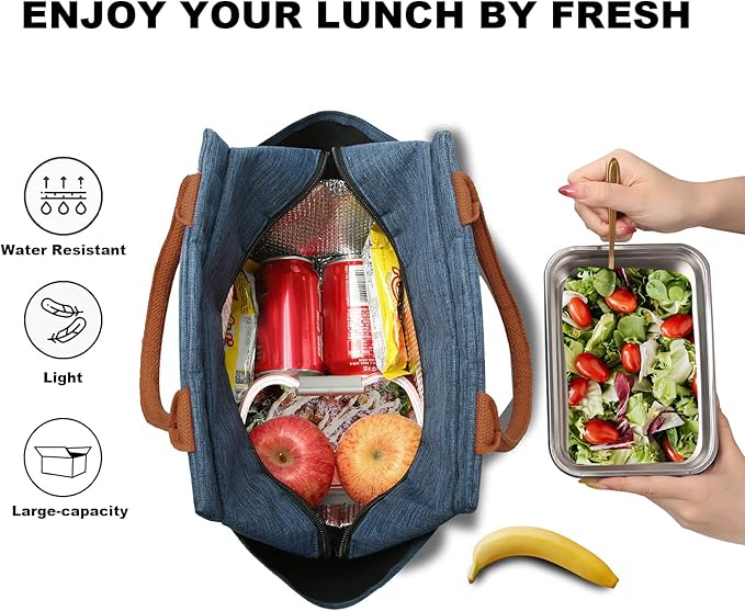 Joymee Lunch Bag Women Insulated Lunch Box Reusable Leakproof Large Spacious Tote for Women Men Adult with Bottle Holder and Side Pockets for Work Picnic Travel - Navy Blue