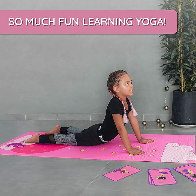 Kids Yoga Mat Set for Boys & Girls - Doll, Unicorn, Mermaid, Panda, Dinosaur and UnderWater - Chemical Free - Non-Toxic - Non-Slip - 60 X 24 X 0.2 Inches - w/ 12 Yoga Cards - Cute Carrier Bag - Ages 3-12