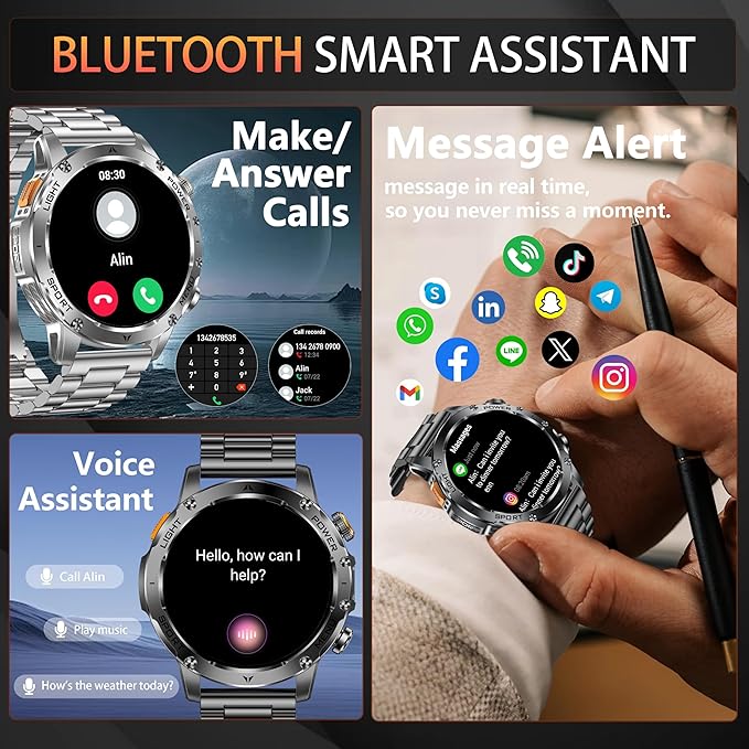 KPEP Military Smart Watches for Men, 1000mAh Battery/LED Flashlight/2 Straps/IP67 Waterproof Smartwatch, Stress/Blood Oxygen/Heart Rate/Sleep Monitor, Reminder, Fitness Tracker for iOS Android, Black