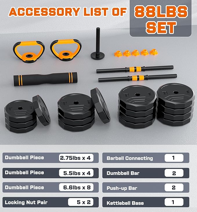 5-in-1 Adjustable Dumbbell Set, 33/44/66/88lbs Free Weights Set with Connector, Used as Kettlebells, Barbell, Push up Stand, Standard 1" Plates, Fitness Exercises for Home Gym Suitable Women/Men