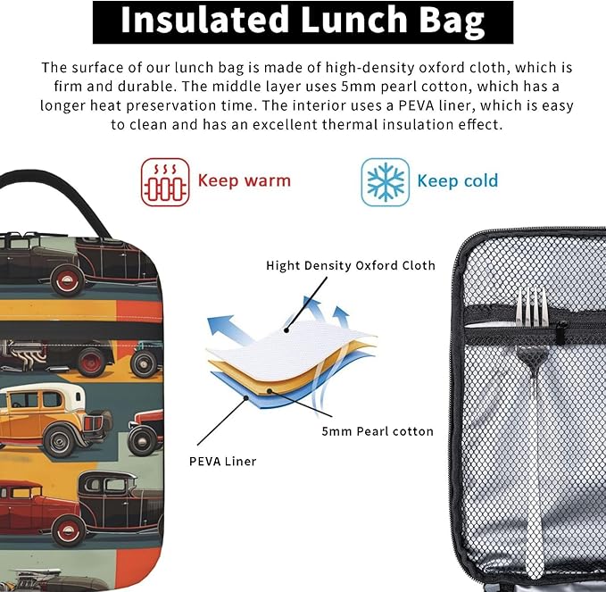 Insulated Lunch Box for Women Men, Cars Theme Lunch Box Reusable Portable Lunch Bag Cooler Tote Waterproof Lunch Container for Office Picnic Work Travel