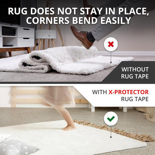 X-Protector Rug Tape for Carpet - 8 Pcs Set - White Anti-Slip & Anti-Curling Carpet Tape for Rugs - Premium Rug Pad Gripper - Ideal Carpet Corner Grippers to Keep Your Rugs & Make Corners Flat