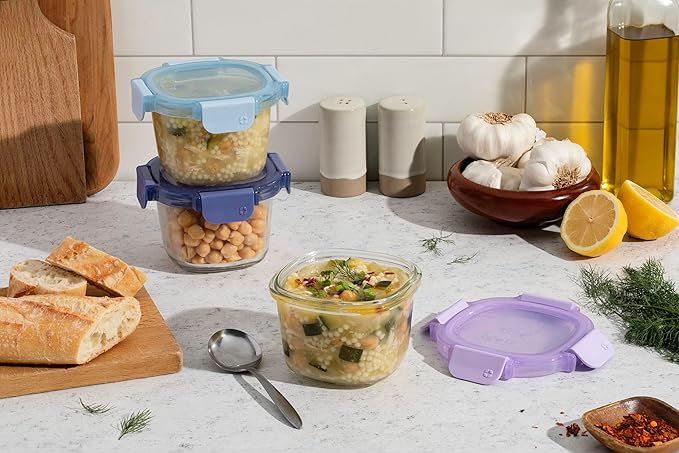 Ello Color Lock 2 Cup 6PC, 3 Pack Glass Meal Prep Sets Leak-Proof Glass Food Storage Containers with Airtight BPA-Free Plastic Lids, Dishwasher, Microwave, and Freezer Safe, Purple Rain