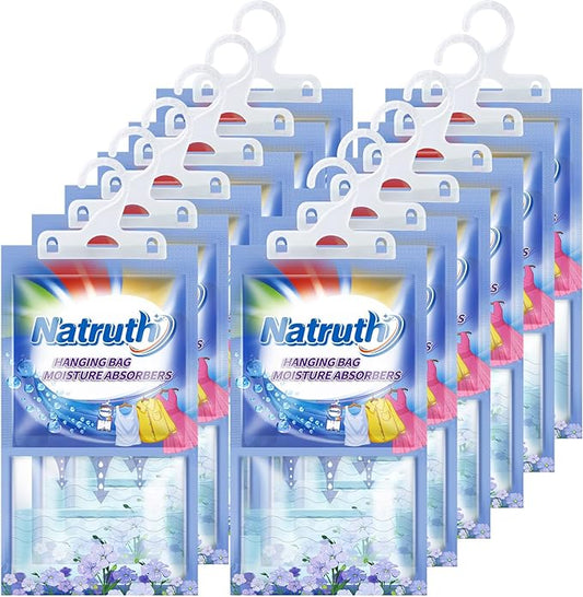NATRUTH 12-PACK Moisture Absorber Bags With Fresh Linen,Desiccant Hanging Bag Use for Kitchen Bathroom Wardrobe, Eliminates Odors, Hanging Closet Dehumidifier Bags for Closet
