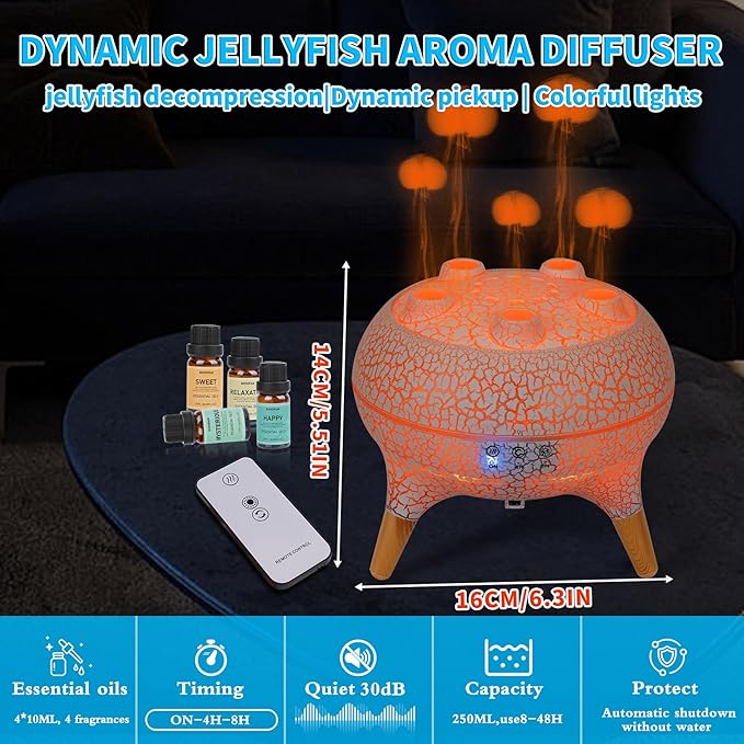 BOHOFAM Jellyfish Essential Oil Diffuser 250ML,Aroma Diffuser Hears Sound to Spray Dancing Jellyfish Mist,7 Colorful Lights, 4 * 10ML Hotel Collection Diffuser Oils Scents for Home Bedroom(White)