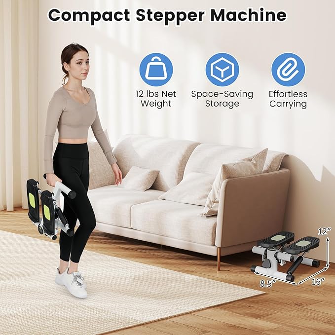 GYMAX Steppers for Exercise at Home, Hydraulic Mini Stair Stepper with Resistance Bands & LCD Monitor, Portable Under Desk Cardio Equipment Step Machine for Home Gym