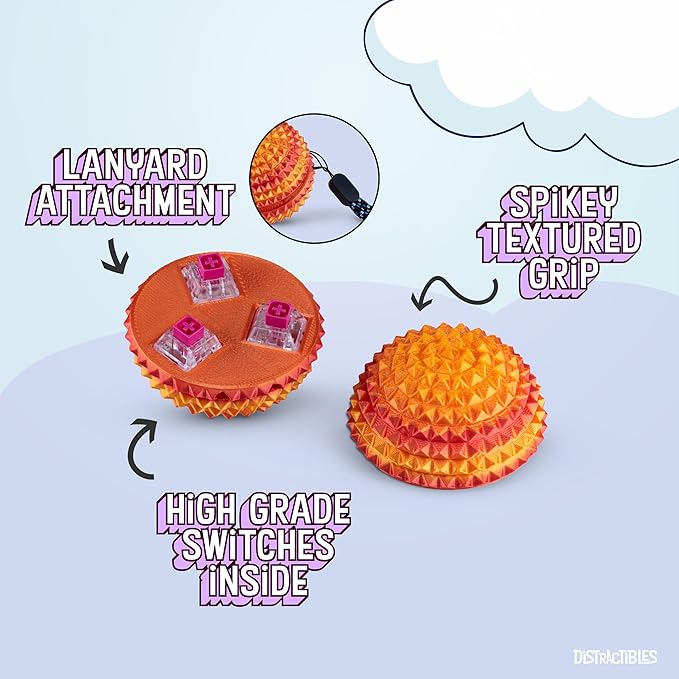 Round Spiked Sensory Fidget Clicker, Tactile Stimming Device with Mechanical Clicky Switches, Lanyard Attachment, Ideal for Pain Stim, ADHD, Autism & Stress Relief (NEON NOVA, Large)