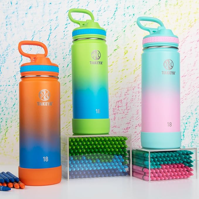 Takeya Actives Water Bottle with Straw Lid - Durable & Easy-Care Water Bottle with Stainless Steel Insulation - BPA-Free Lid with Carry Handle & Straw - Dishwasher-Safe - 18 oz, Ombre Excitement