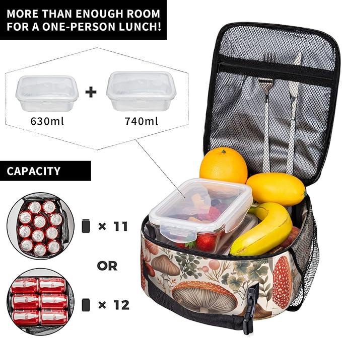 Lunch Box for Women Men, Mushroom Insulated Lunch Box Reusable Portable Lunch Bag Cooler Tote Waterproof Lunch Container for Office Picnic Work Travel Hiking