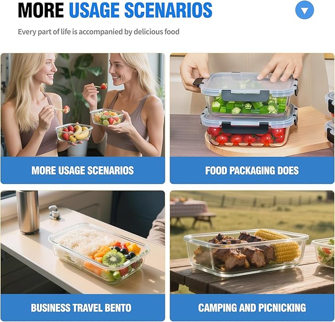 5-Piece Set, 36 oz Glass Meal Prep Containers with Snap-Lock Lids, Airtight Lunch Containers, Microwave, Oven, Refrigerator & Dishwasher Safe,Black