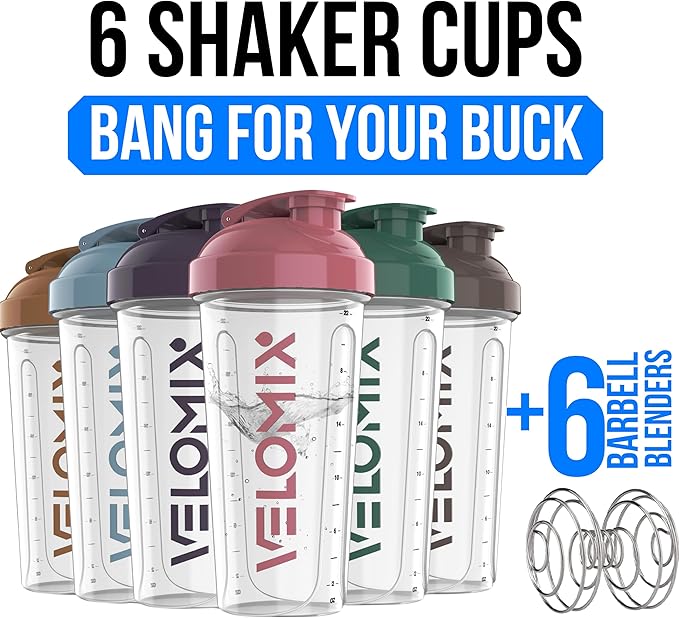 -6 PACK- 28 oz Protein Shaker Bottle for Protein Mixes - 6x Wire Whisk | Leak Proof Shaker Cups for Protein Shakes | Protein Shaker Bottle Pack | Protein Shake Cup (Muted Clarity)