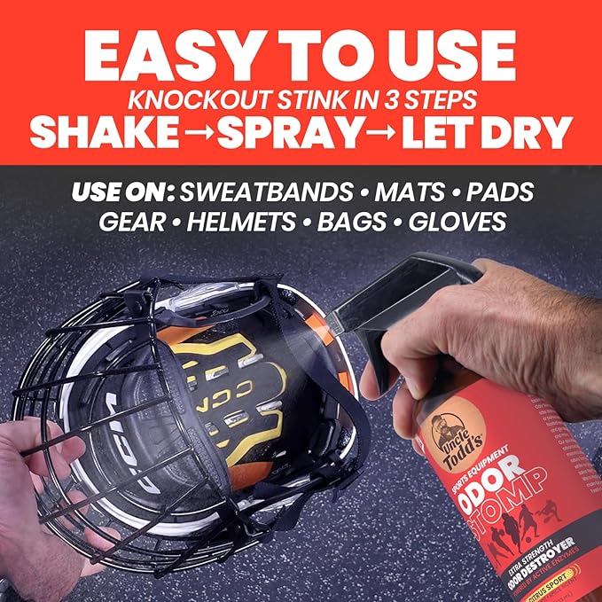 Uncle Todd’s Odor Stomp Sports Equipment Odor Eliminator Spray - Extra Strength Enzyme-Powered Deodorizer for Football, Hockey, Gym Bags, and Athletic Gear - Citrus Sport Scent - 16oz
