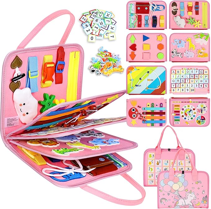 Esjay Toddler Busy Board Montessori Toys for Girls, Sensory Board Educational Activities for Learning Fine Motor Skills, Birthday Gifts for Girls Toddlers, Travel Toys for Airplane Car, Fairy Horse