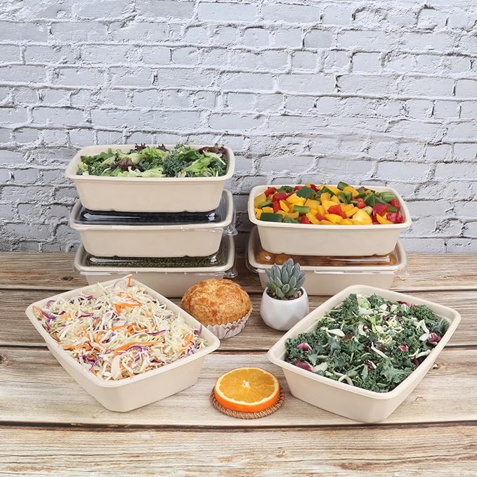 40 oz Rectangle Disposable salad bowls with lids, Sugarcane Fibers Bowls take away food containers Plant Fibers Freezer Safe 50 Pack