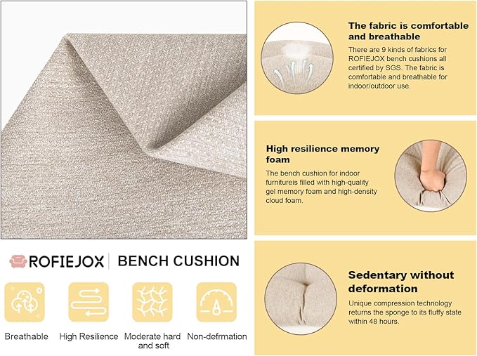 Bench Cushion 36 Inch - Polyester Brushed, High-Density Foam, Non-Slip Bottom, Soft Durable Indoor Tufted Long Seat Cushion for Window Garden Furniture (Beige Grey, 36x14x4 Inch)