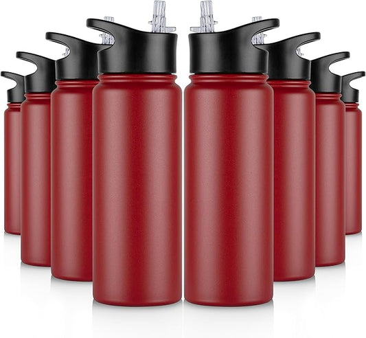 24 oz Insulated Water Bottle Bulk 8 Pack, Stainless Steel Sports Water Bottles with Straw Lid & Wide Mouth Lids, Double Walled Vacuum, Leak Proof, Red