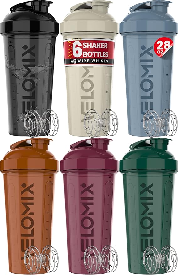 -6 PACK- 28 oz Protein Shaker Bottle for Protein Mixes - 6x Wire Whisk | Leak Proof Shaker Cups for Protein Shakes | Protein Shaker Bottle Pack | Protein Shake Cup (Earth Tones Collection)