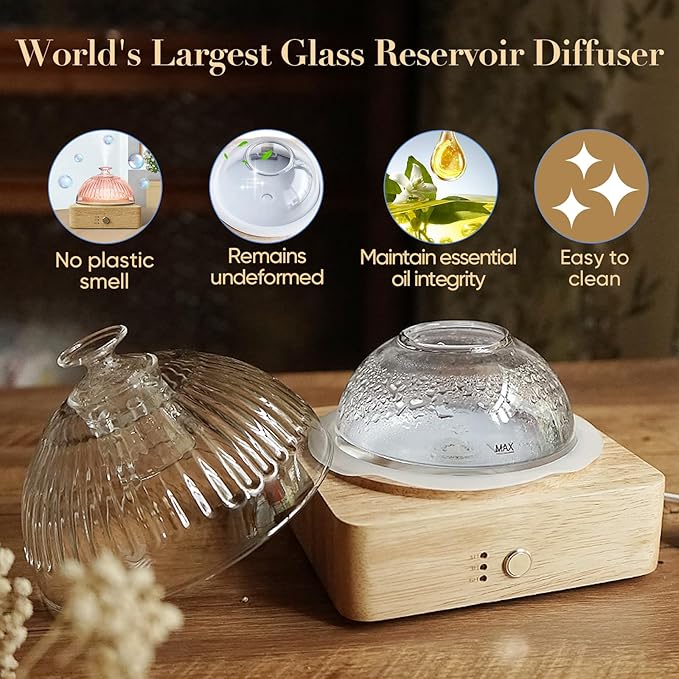 Glass Dome Essential Oil Diffuser with Glass Reservoir & Wood Base-No Plastic, 200ml Ultrasonic Diffuser for Aromatherapy with Timer 7 Color Light Auto-Off for Home Office Yoga Pilates