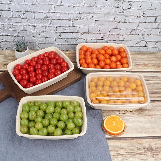 40 oz Rectangle Disposable salad bowls with lids, Sugarcane Fibers Bowls take away food containers Plant Fibers Freezer Safe 50 Pack