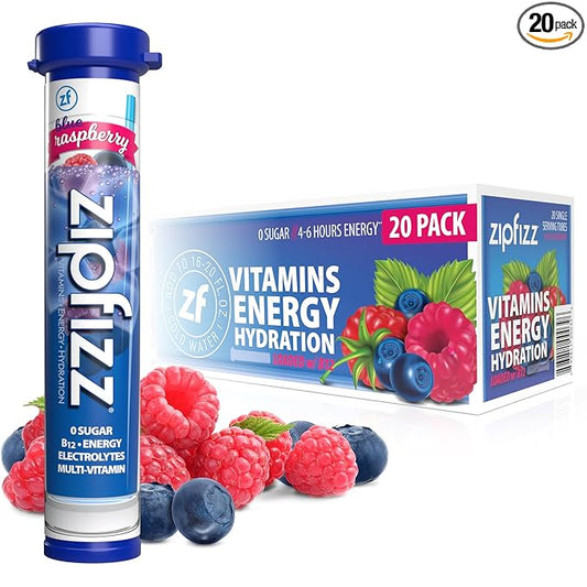 Zipfizz Daily Energy Drink Powder, Blue Raspberry, 20 Pack | 3-in-1 Sustained Energy, Rapid Hydration, and Essential Vitamins | Sugar-Free | Electrolyte Powder | Contains Vitamin B-12 & Antioxidants