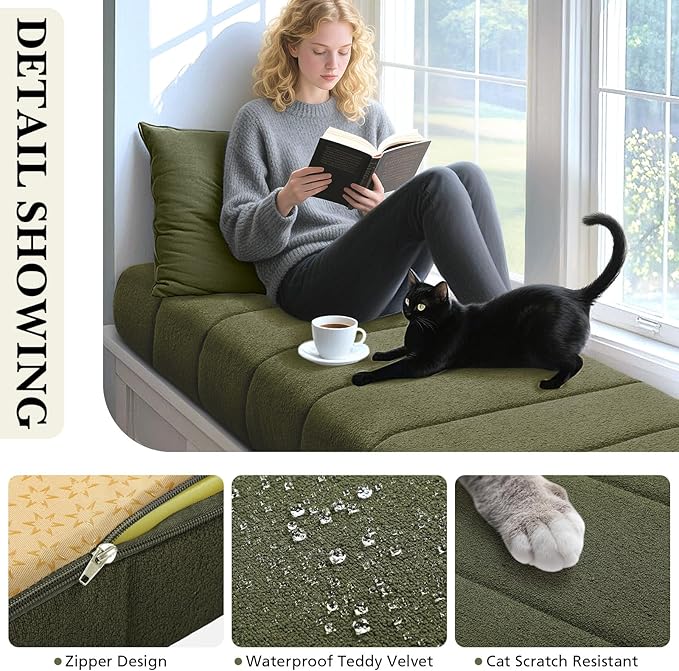 Wenqik Bench Cushion 42x16x4 Inch for Indoor Outdoor Furniture Tufted Thicken Bay Window Seat Cushion Non Slip Waterproof Dining Piano Bench Pad Pillow Anti Cat Scratch for Patio Porch Swing, Green