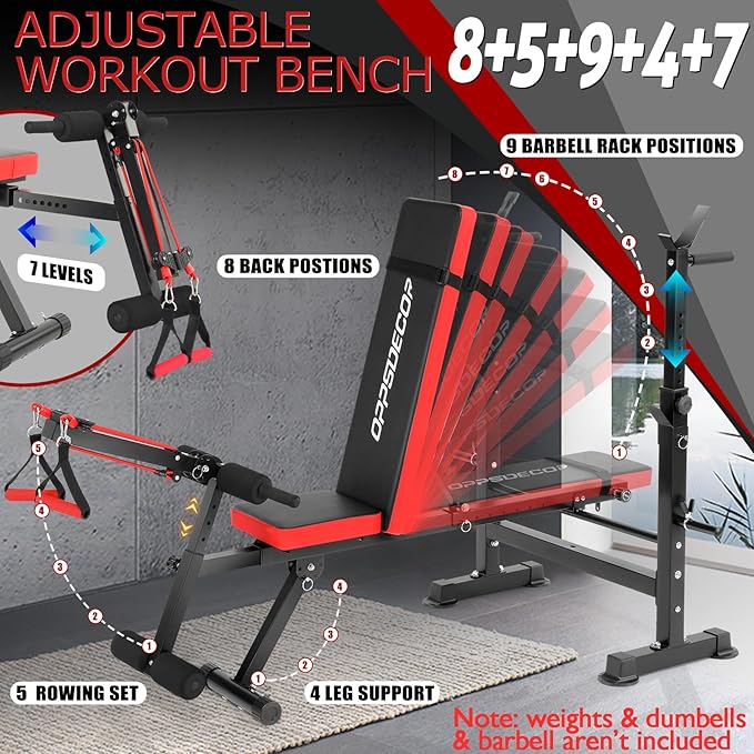 OPPSDECOR 8-in-1 Foldable Weight Bench Set with Squat Rack, Adjustable Bench Press Home Gym System for Full-Body Workout, Flat Incline Decline Sit Up Bench with Removable Foot Catch & Elastic Ropes