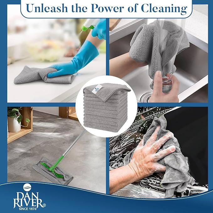 DAN RIVER 12-Pack Gray Microfiber Towels โ Ultra Absorbent, Lint-Free & Streak-Free Rags for Home, Car & Kitchen - Must-Have Cleaning Essentials - 12" x 12"