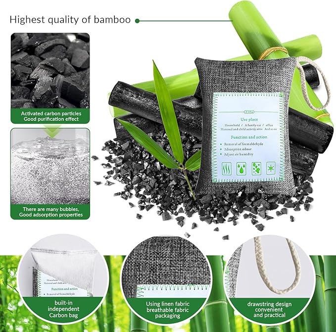 4 Pack charcoal odor absorber,Bamboo Charcoals Air Purifying Bag Charcoals Deodorizer Eliminator for Strong Odors in Car, Closet, Shoe, Basement (250G*4 Pack Gray, Unscented)