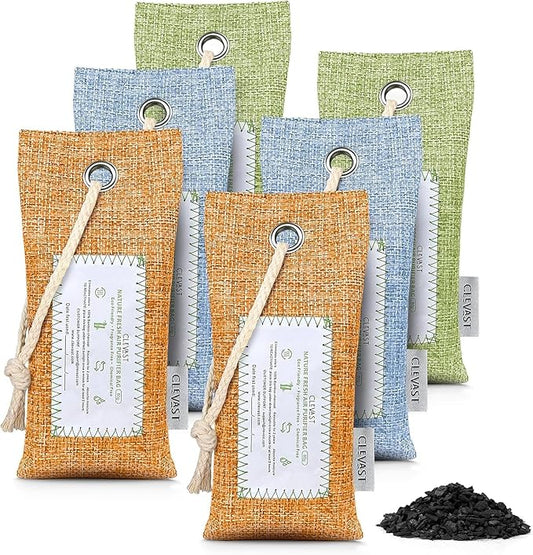 CLEVAST 6 Pack Bamboo Charcoal Air Purifying Bags(6x60g), Activated Natural Home Odor Absorber, Deodorizer and Moisture Eliminator, Purifier for Closet, Shoe, Car Air freshener, Pet Safe